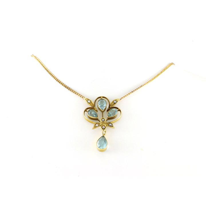 Nydelig antikk collier i gull med lyseblå steiner og perler