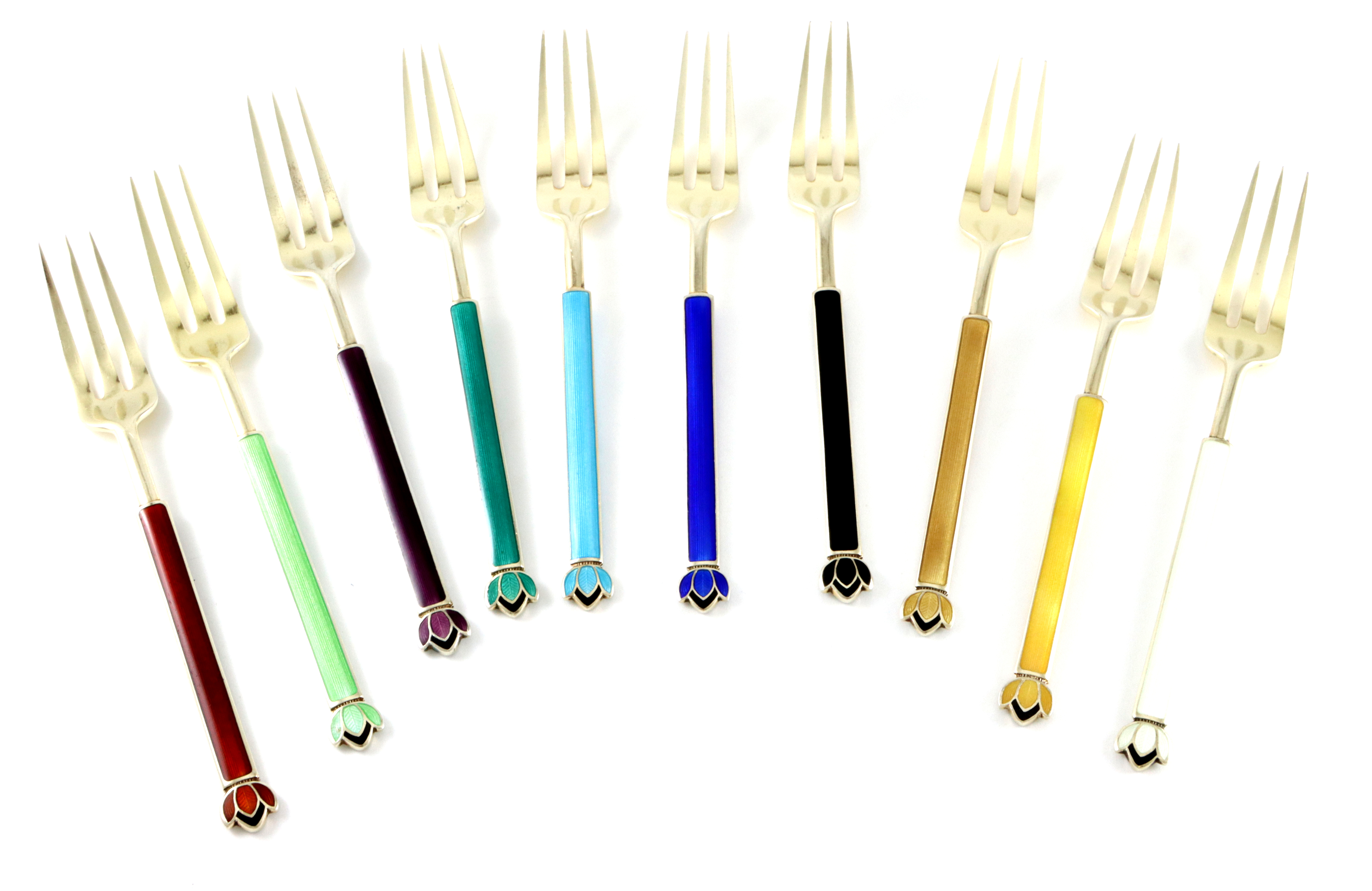 10 stk kakegafler i 925 sølv og emalje