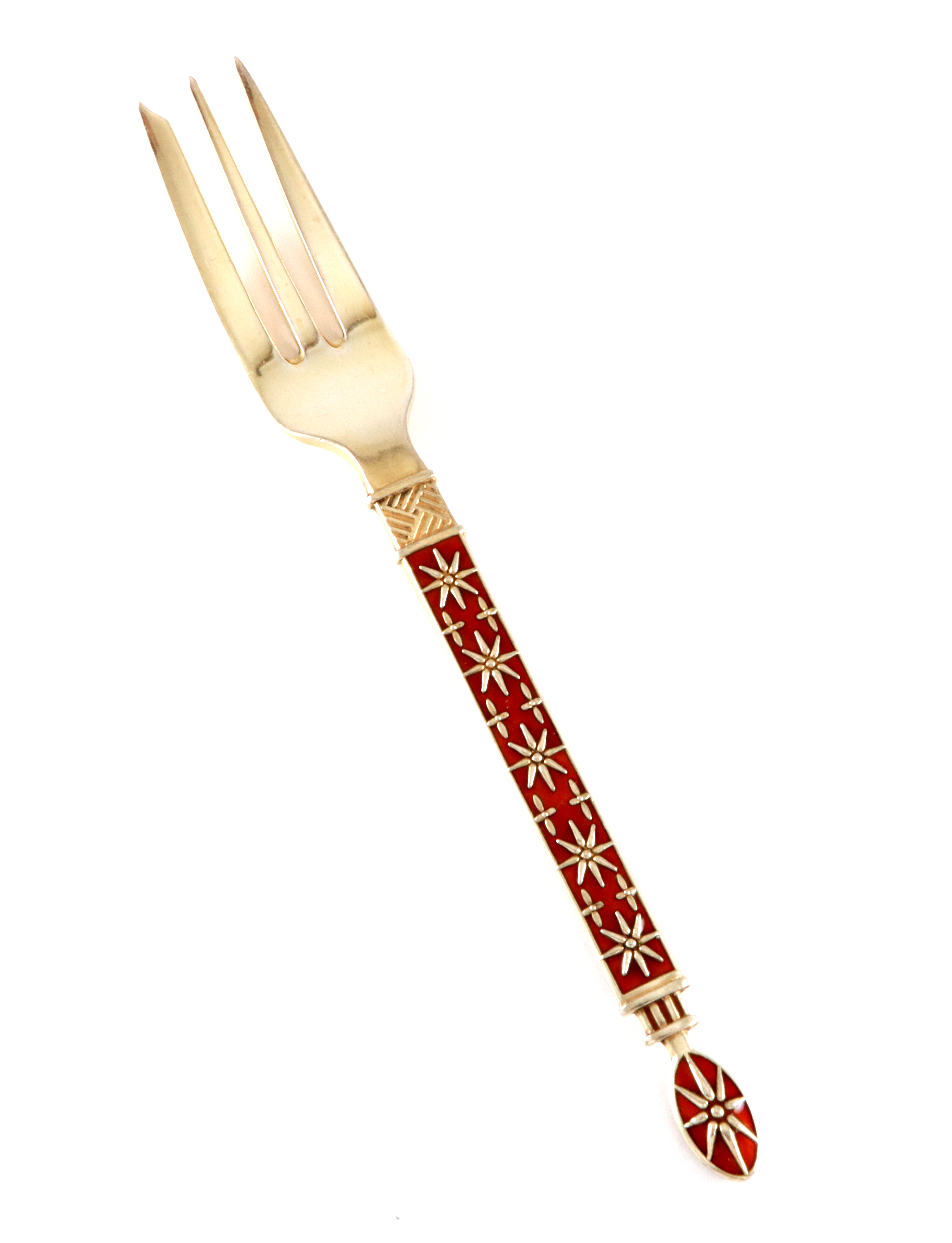 Emaljert kakegaffel i sølv.