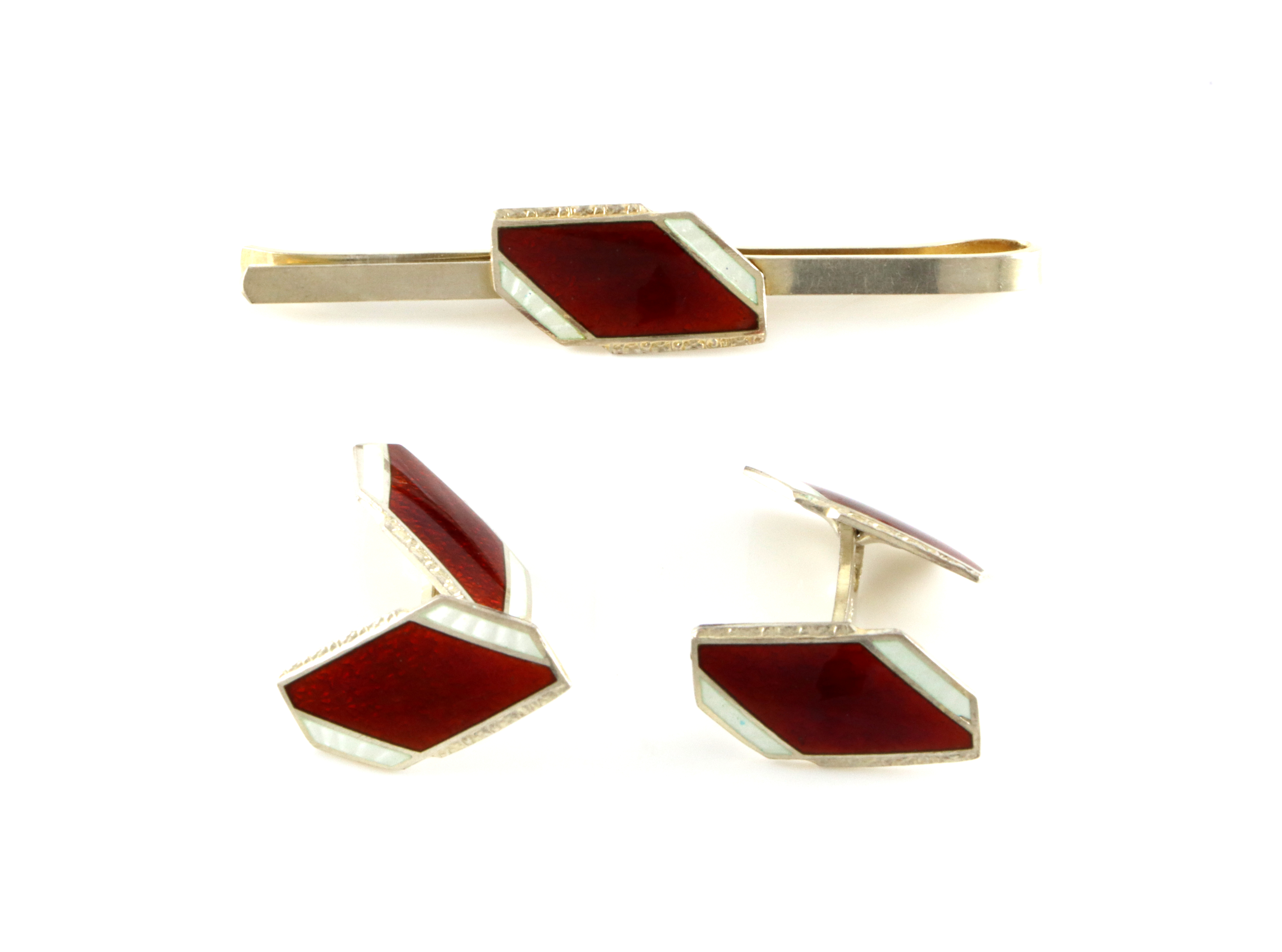 Emaljerte mansjettknapper og slipsnål i sølv