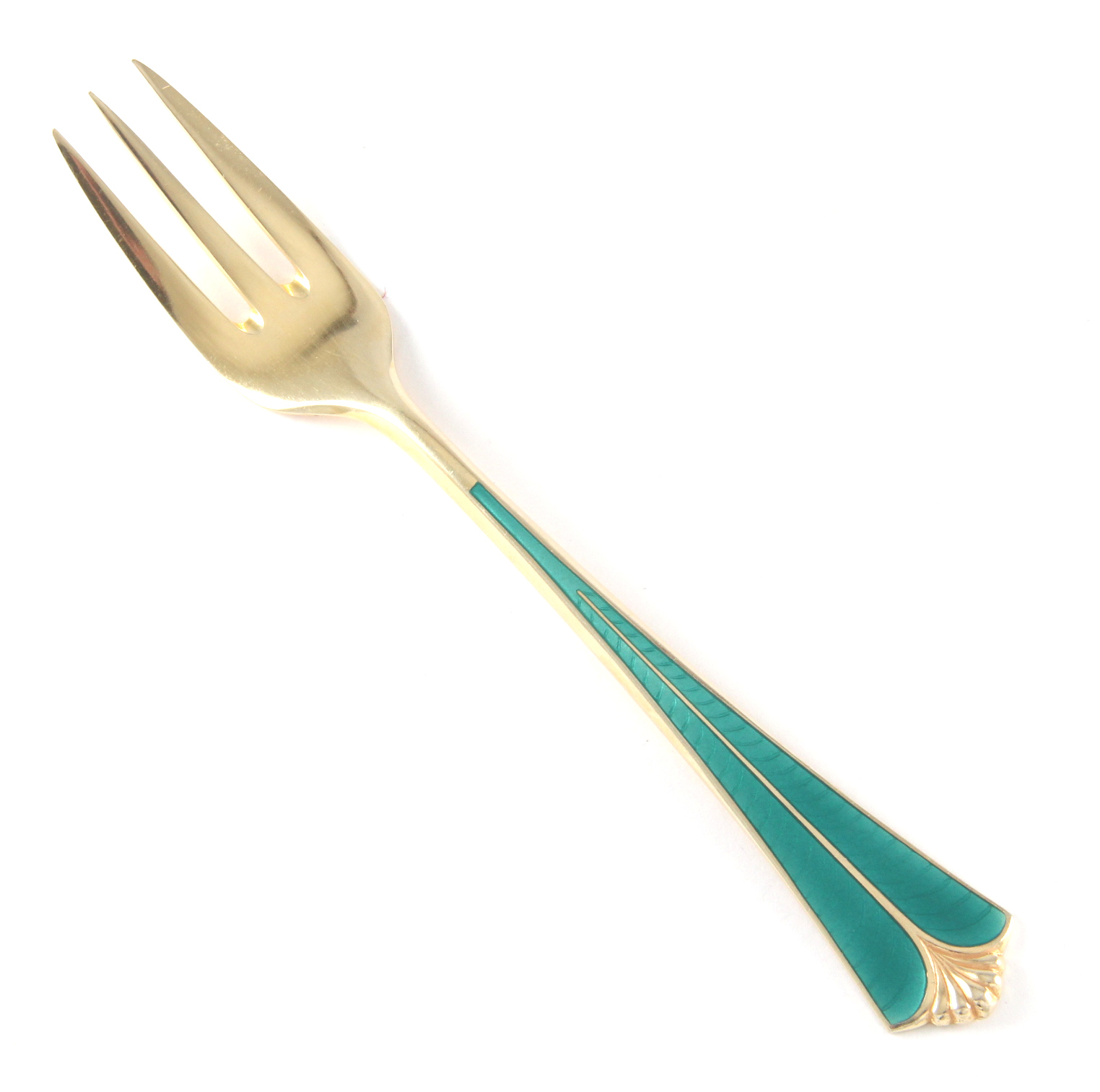 Emaljert kakegaffel i sølv.