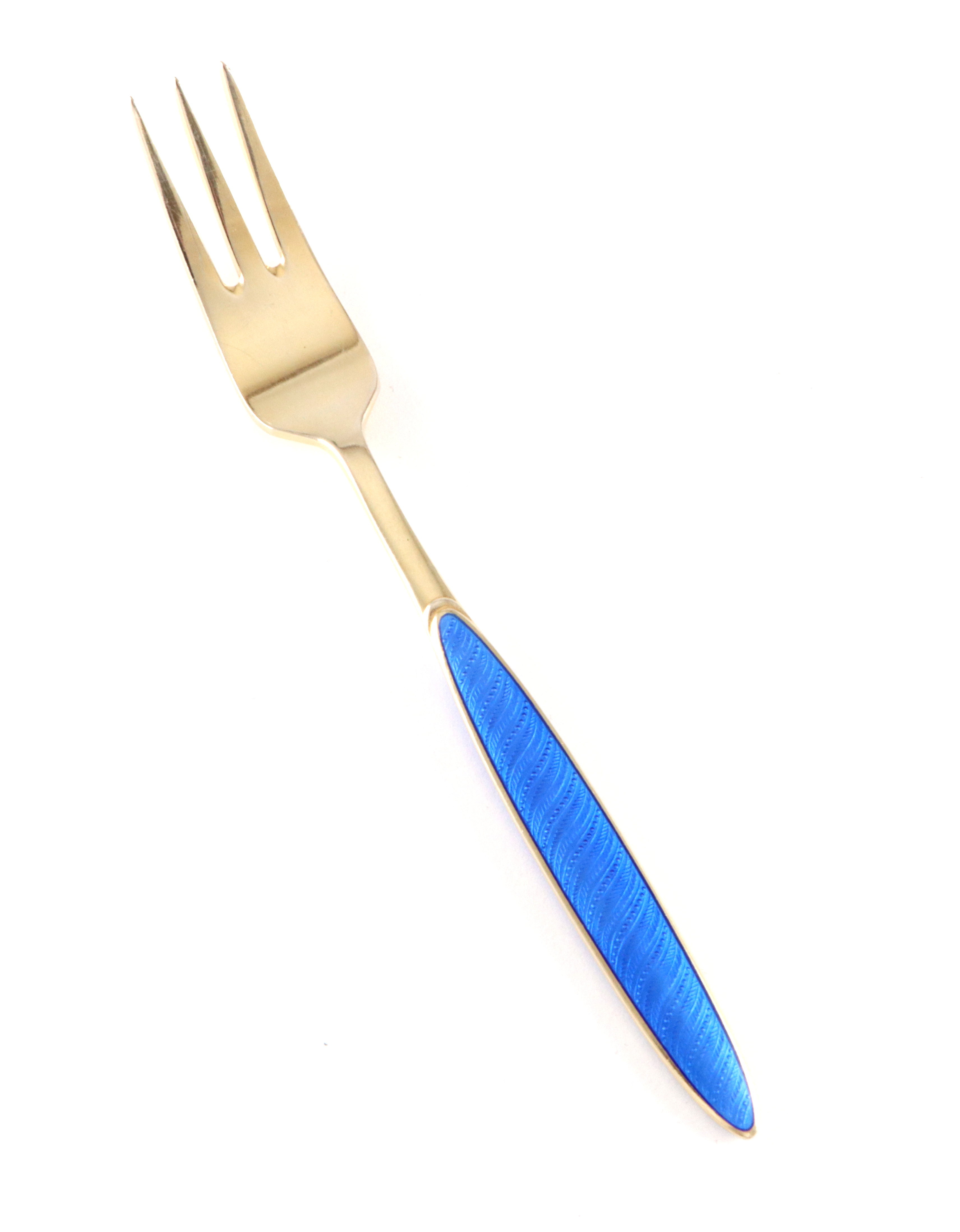 Emaljert kakegaffel i sølv og emalje.