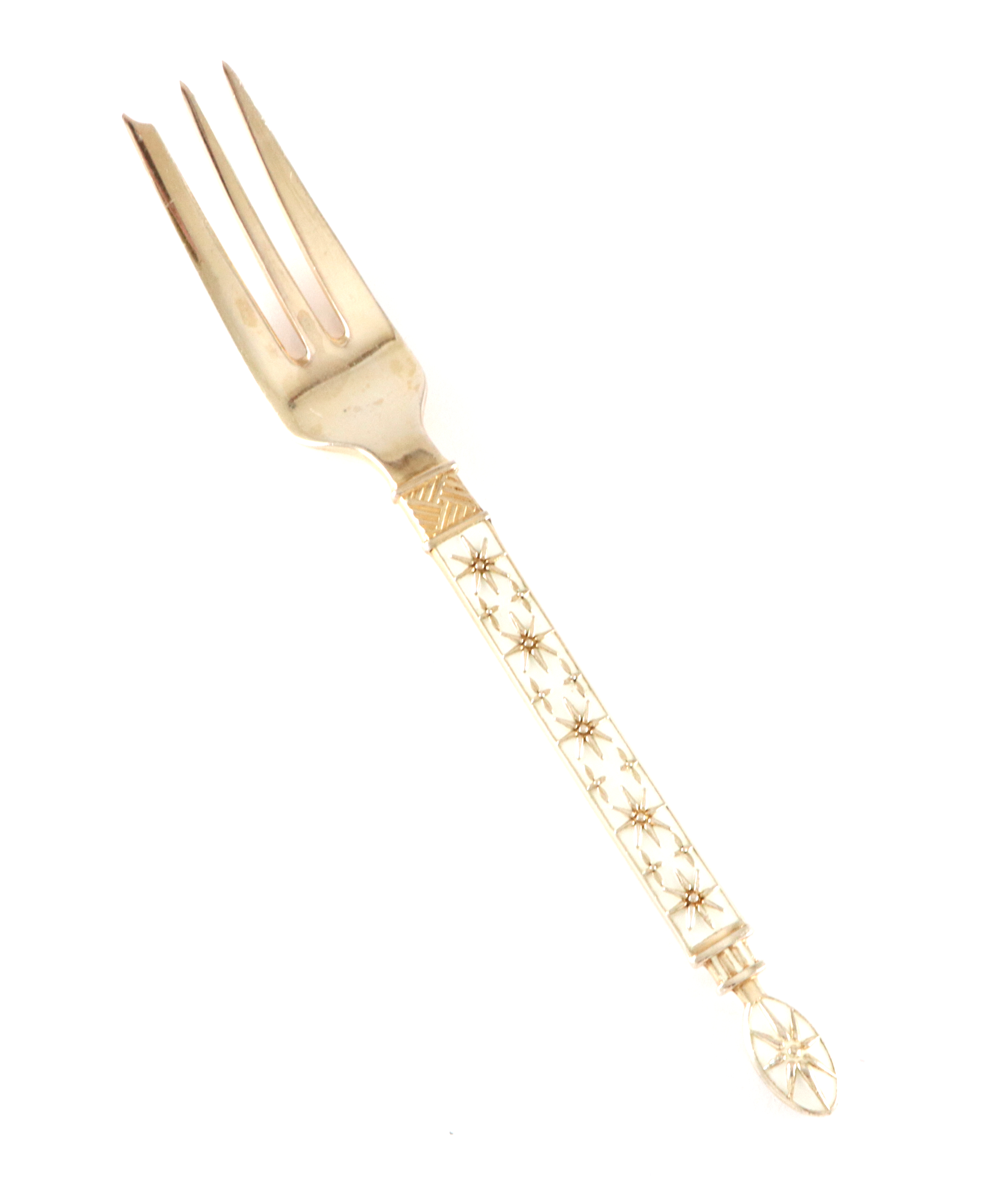 Emaljert kakegaffel i sølv.