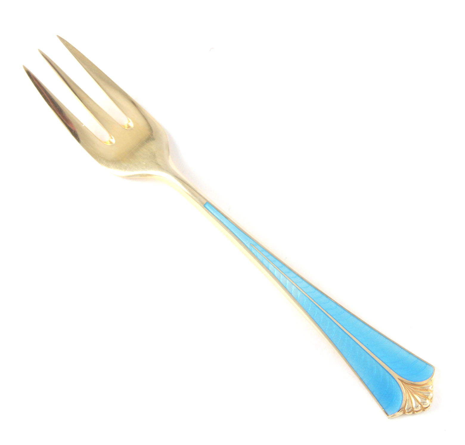 Emaljert kakegaffel i sølv.