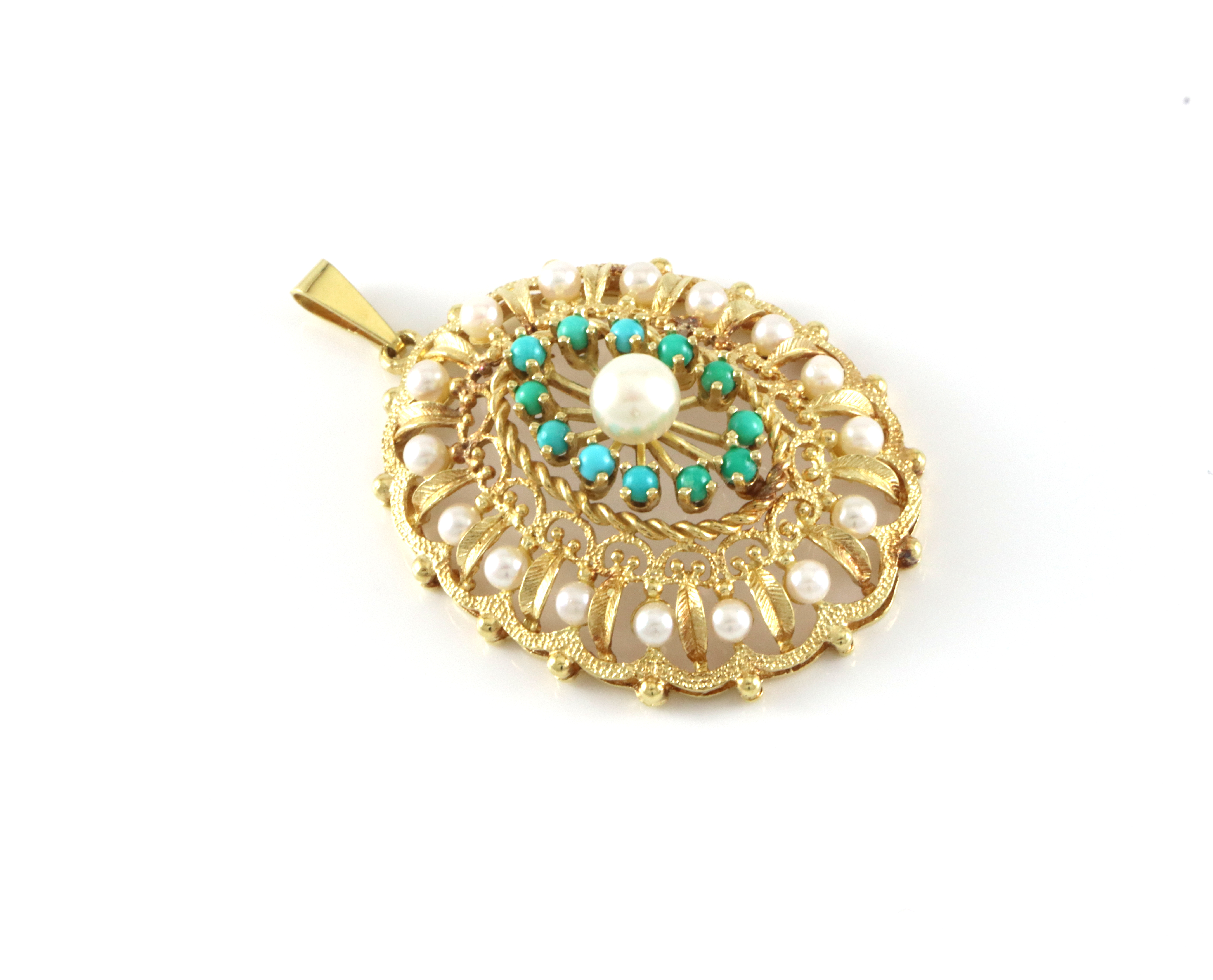 Nydelig og stort anheng med perler og turkiser