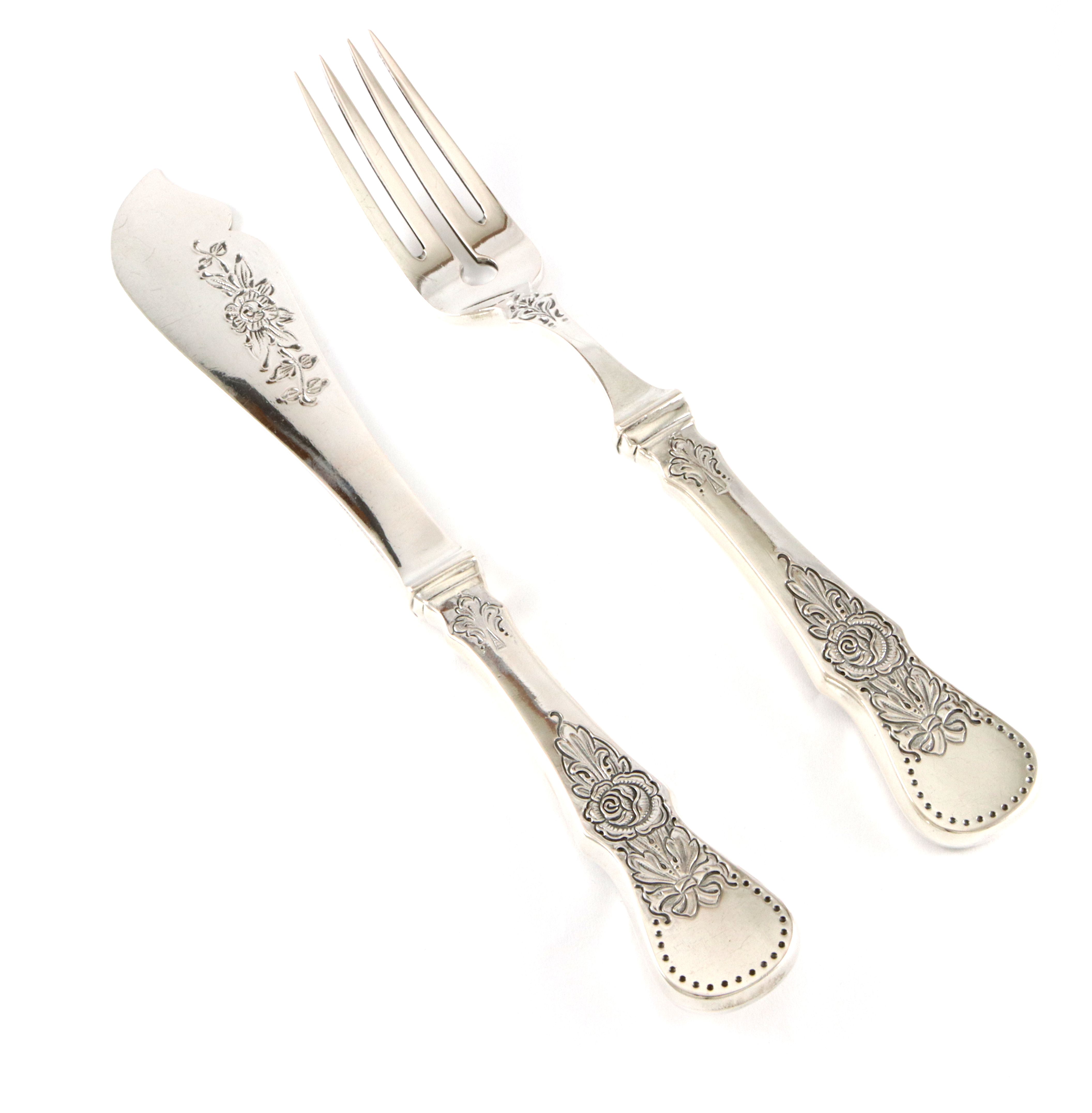 Flat Rose fiskebestikk i sølv