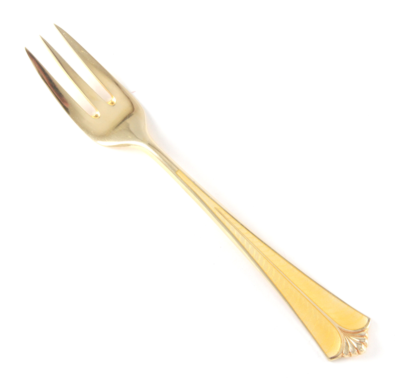 Emaljert kakegaffel i sølv.